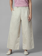 Women's Beige Cotton Lycra Regular Fit Pant