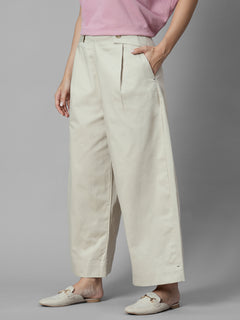 Women's Beige Cotton Lycra Regular Fit Pant