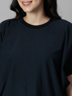 Women's Navy Cotton Elastane Boxy Fit Knit Dress