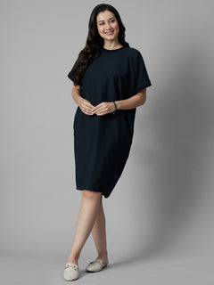 Women's Navy Cotton Elastane Boxy Fit Knit Dress