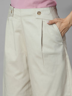 Women's Beige Cotton Lycra Regular Fit Pant