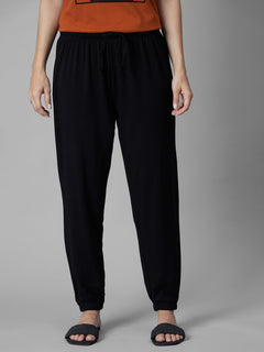 Women's Black Cotton Bamboo Elastane Regular Fit Knit Pant