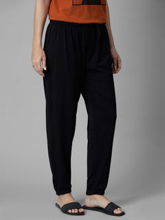 Women's Black Cotton Bamboo Elastane Regular Fit Knit Pant