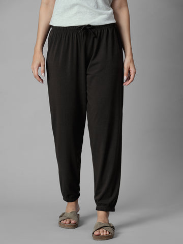 Women's Brown Cotton Bamboo Elastane Regular Fit Knit Pant