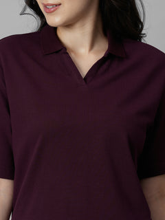 Women's Wine Cotton Elastane Regular Fit Tshirt