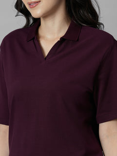 Women's Wine Cotton Elastane Regular Fit Tshirt
