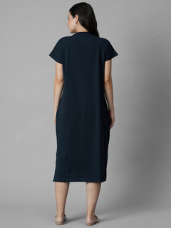 Women's Navy Cotton Elastane Regular Fit Knit Dress