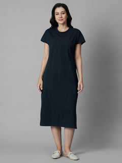 Women's Navy Cotton Elastane Regular Fit Knit Dress