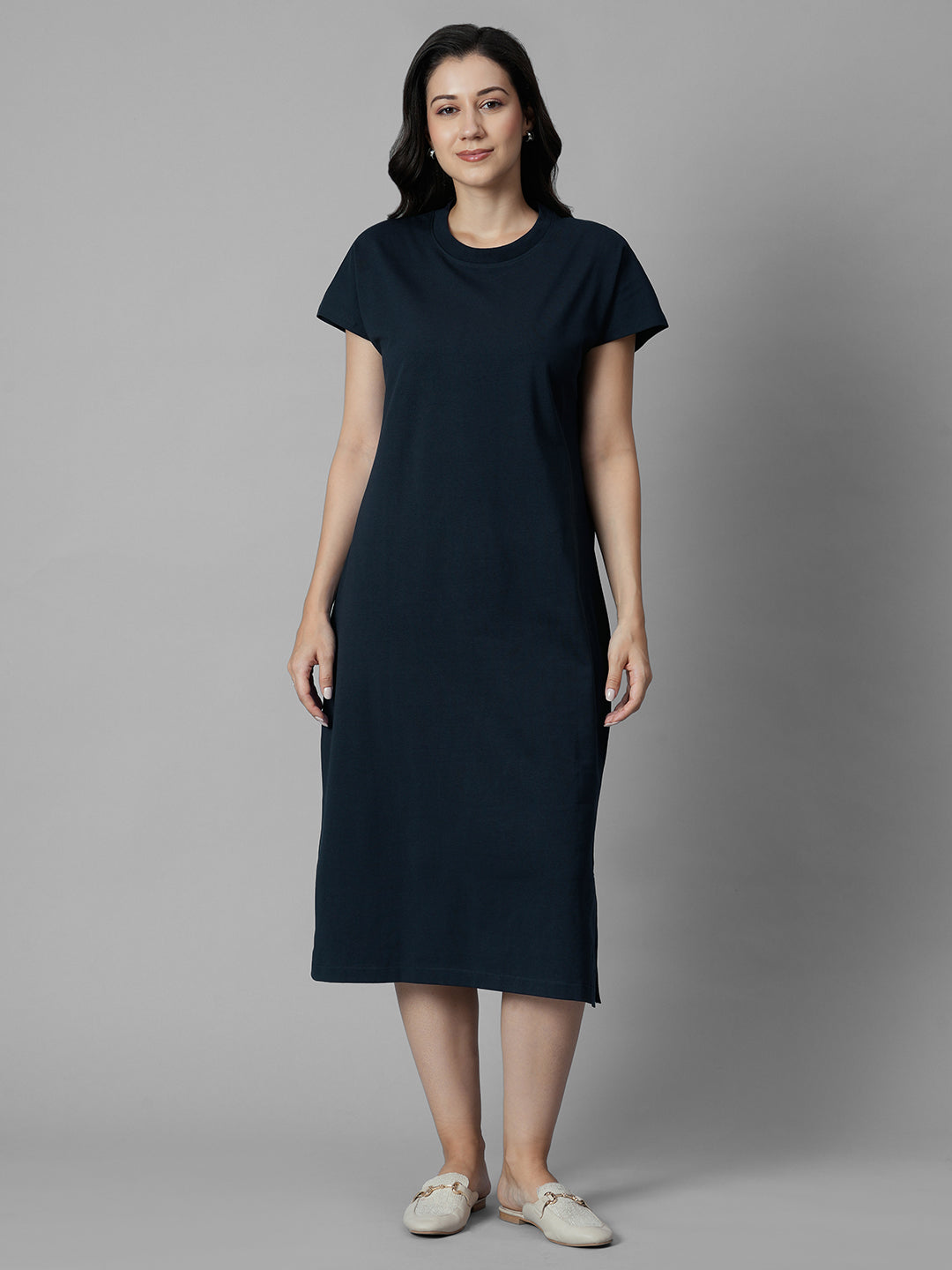 Women's Navy Cotton Elastane Regular Fit Knit Dress