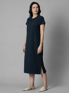Women's Navy Cotton Elastane Regular Fit Knit Dress