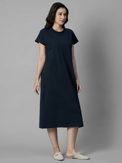 Women's Navy Cotton Elastane Regular Fit Knit Dress