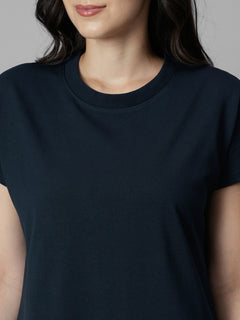 Women's Navy Cotton Elastane Regular Fit Knit Dress
