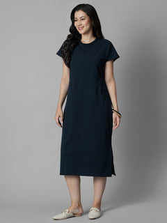 Women's Navy Cotton Elastane Regular Fit Knit Dress