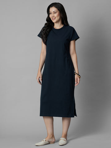 Women's Navy Cotton Elastane Regular Fit Knit Dress