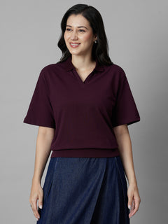 Women's Wine Cotton Elastane Regular Fit Tshirt