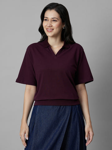 Women's Wine Cotton Elastane Regular Fit Tshirt