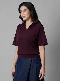 Women's Wine Cotton Elastane Regular Fit Tshirt