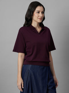 Women's Wine Cotton Elastane Regular Fit Tshirt