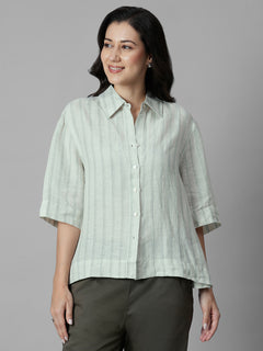 Women's Green 100% Linen Boxy Fit Blouse