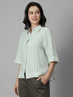 Women's Green 100% Linen Boxy Fit Blouse