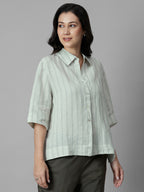 Women's Green 100% Linen Boxy Fit Blouse