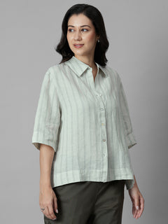 Women's Green 100% Linen Boxy Fit Blouse