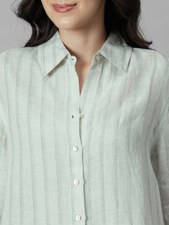 Women's Green 100% Linen Boxy Fit Blouse