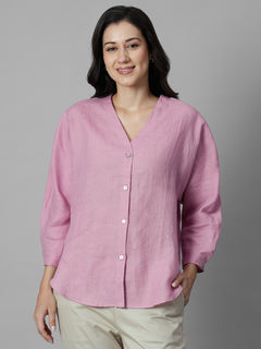Women's Pink 100% Linen Regular Fit Blouse