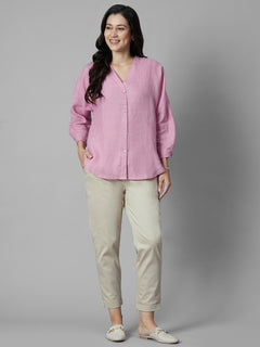 Women's Pink 100% Linen Regular Fit Blouse