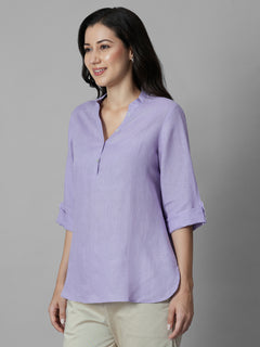 Women's Lilac 100% Linen Regular Fit Blouse