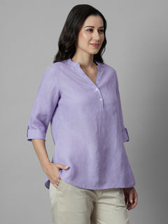 Women's Lilac 100% Linen Regular Fit Blouse