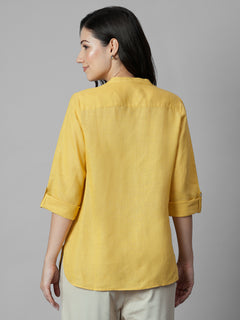Women's Yellow 100% Linen Regular Fit Blouse