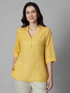 Women's Yellow 100% Linen Regular Fit Blouse