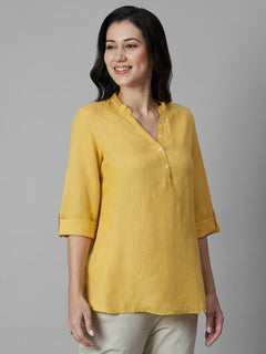 Women's Yellow 100% Linen Regular Fit Blouse