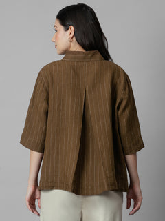 Women's Brown 100% Linen Boxy Fit Blouse