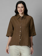 Women's Brown 100% Linen Boxy Fit Blouse