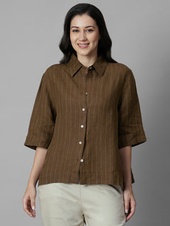 Women's Brown 100% Linen Boxy Fit Blouse