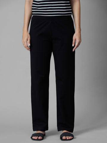 Women's Black Cotton Elastane Regular Fit Knit Pant
