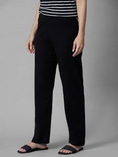 Women's Black Cotton Elastane Regular Fit Knit Pant