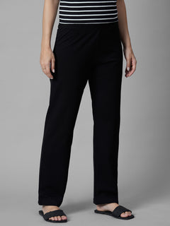 Women's Black Cotton Elastane Regular Fit Knit Pant