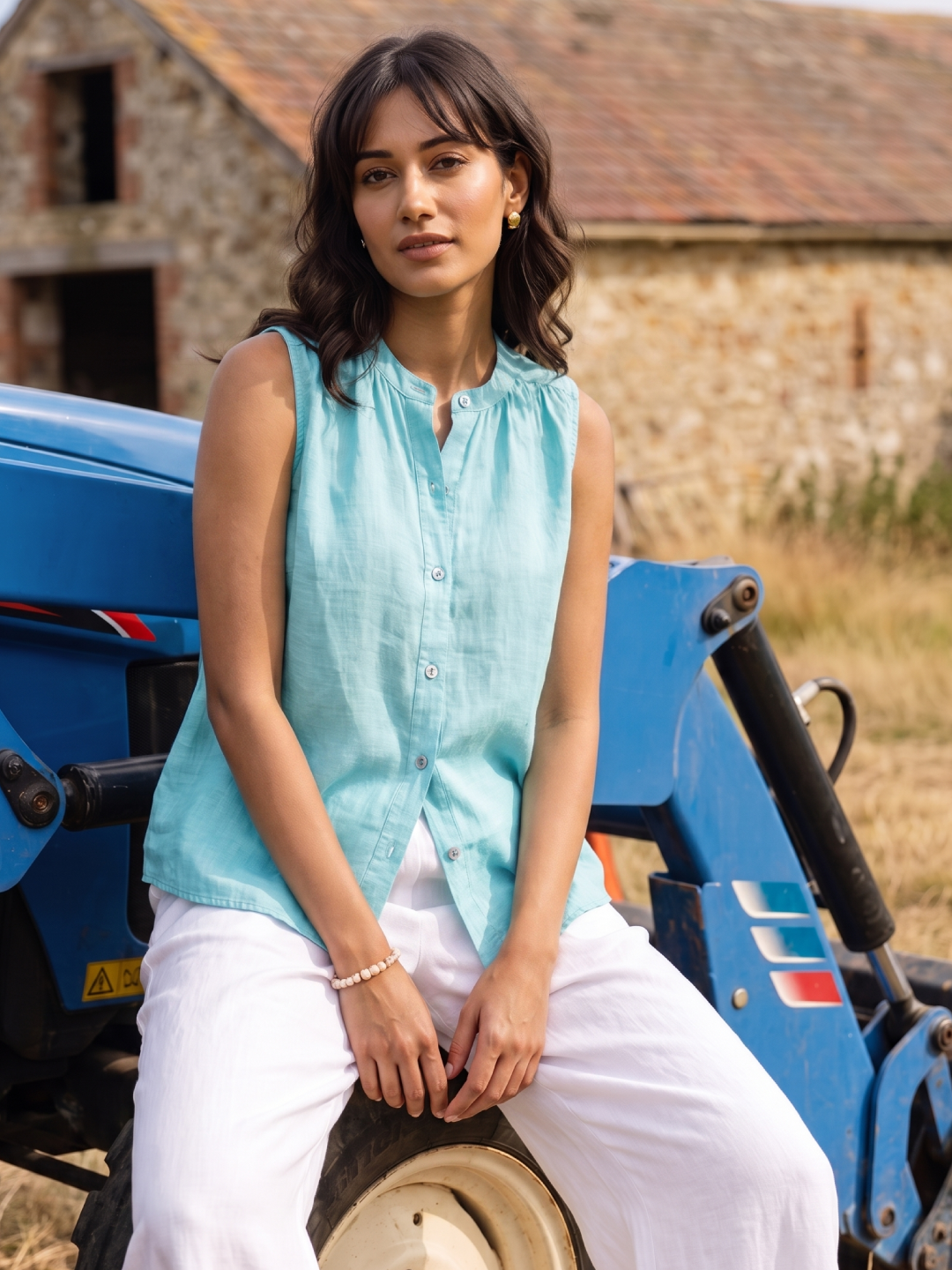 Women's Chambray Blue 100% Linen Regular Fit Blouse