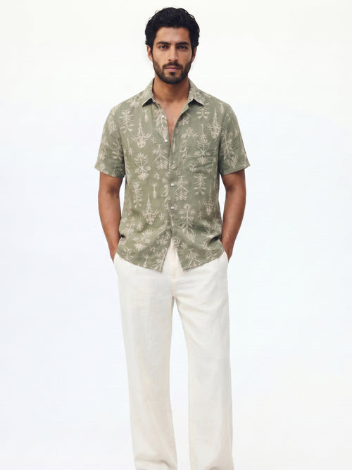 Men's Green Tencel Linen Regular Fit Shirt
