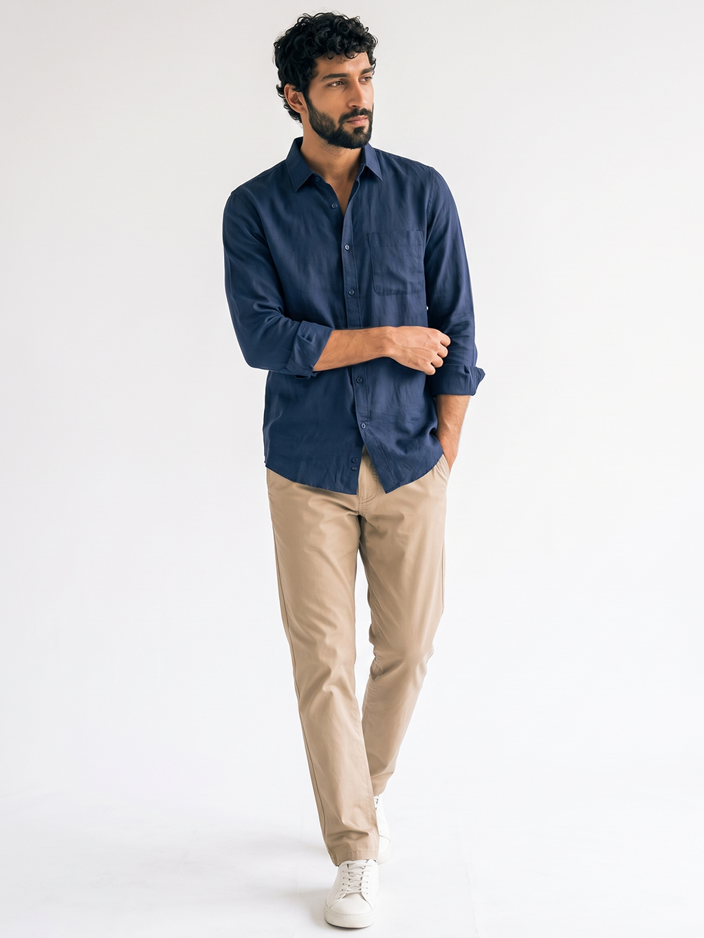 Men's Navy Cotton Linen Regular Fit Shirt