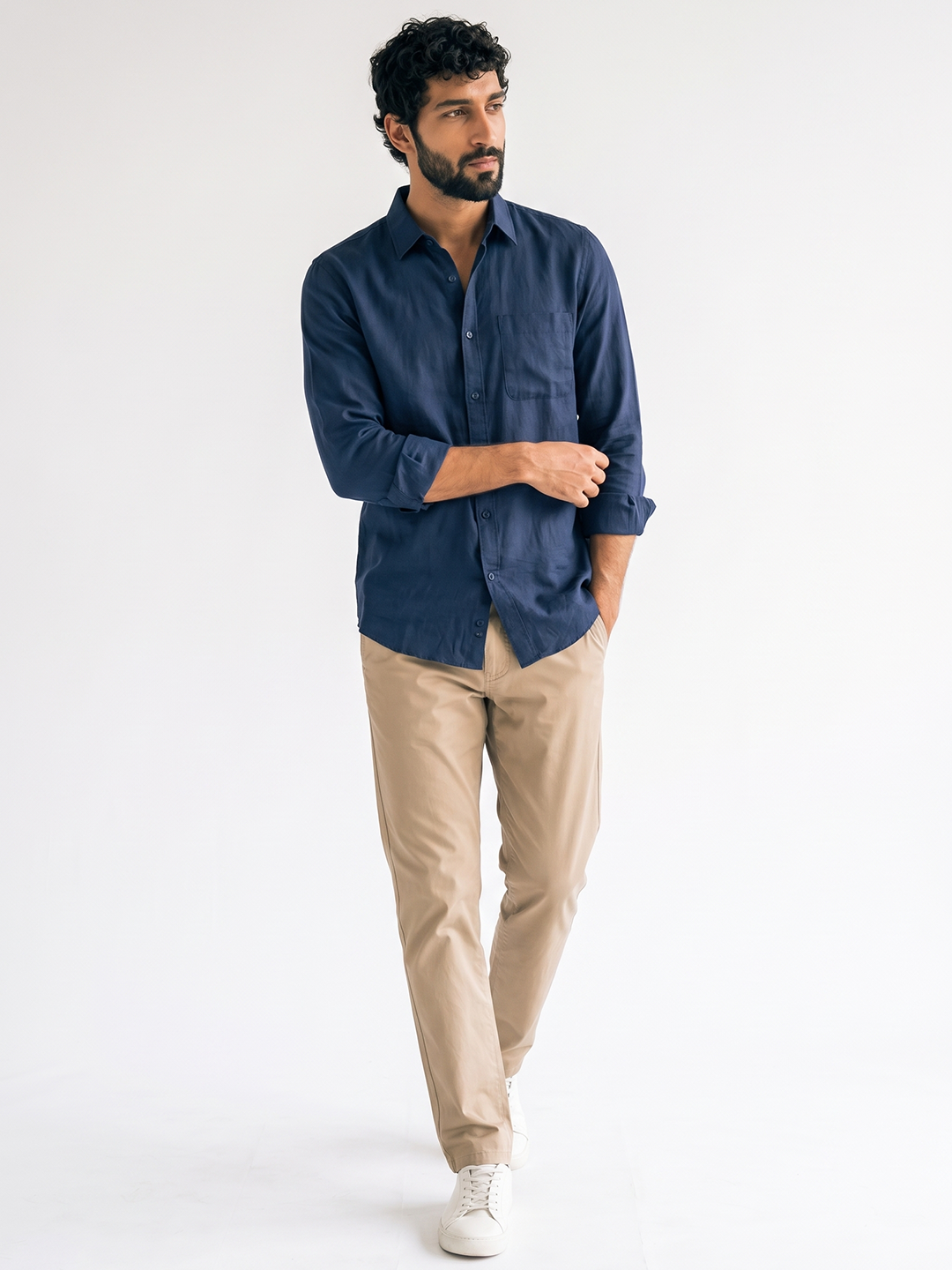 Men's Navy Cotton Linen Regular Fit Shirt