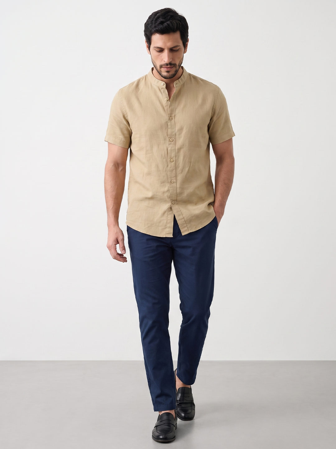 Men's Cotton Linen Regular Fit Shirt Khaki