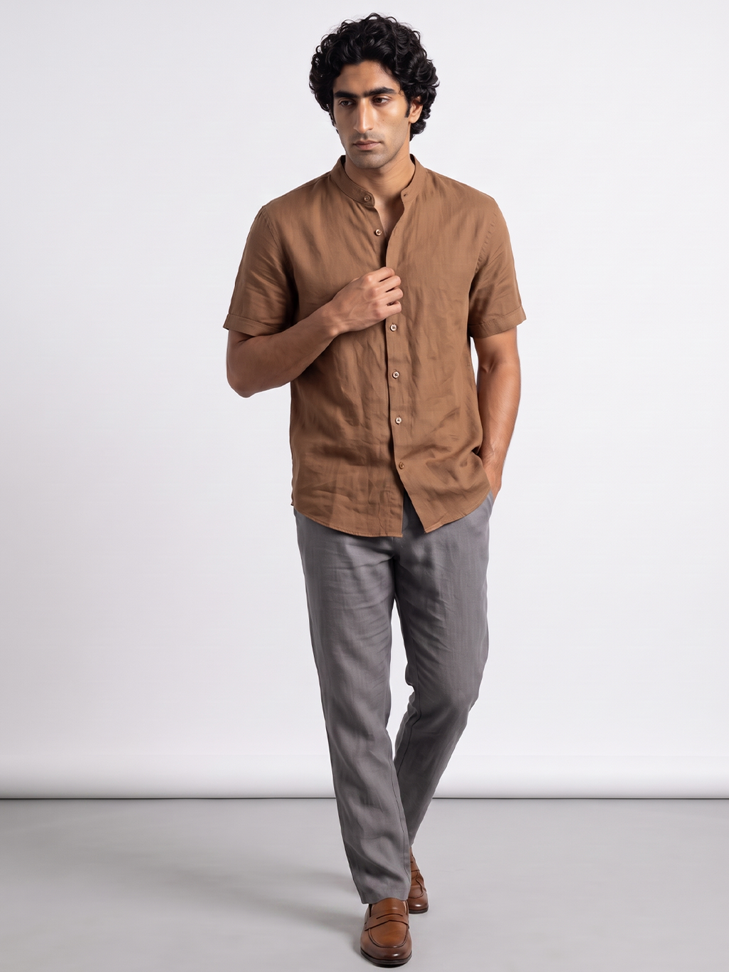 Men's Cotton Linen Regular Fit Shirt Brown