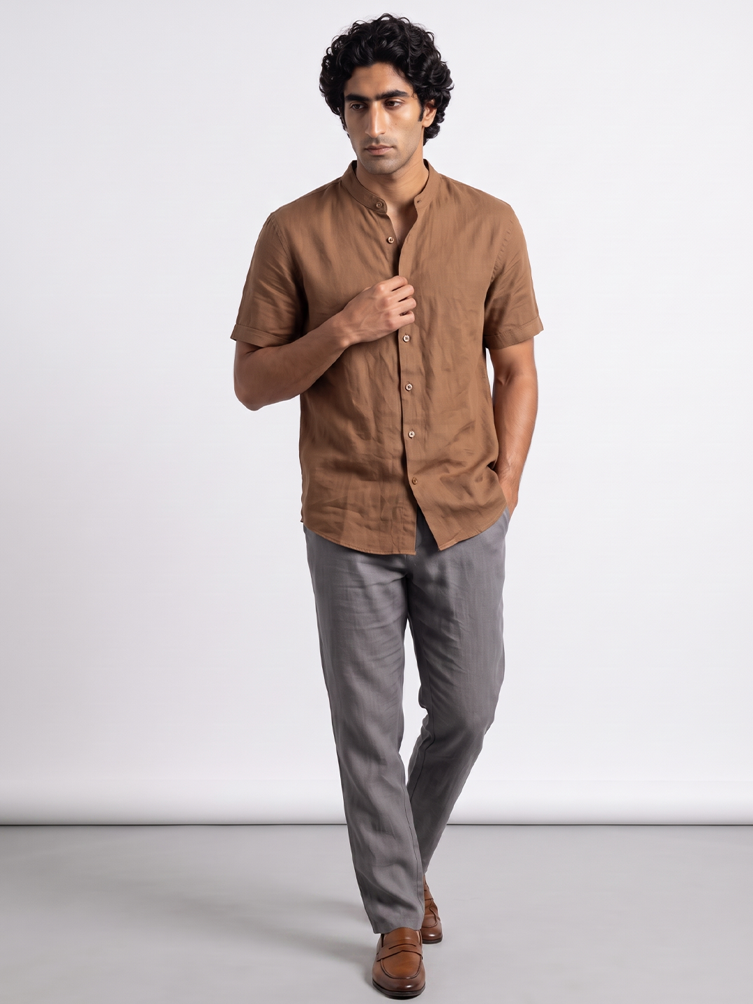 Men's Cotton Linen Regular Fit Shirt Brown