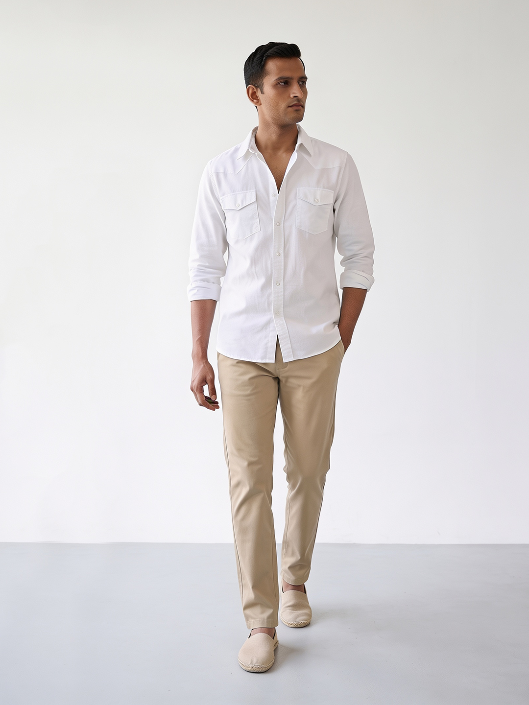 Men's Cotton Linen Regular Fit Shirt White