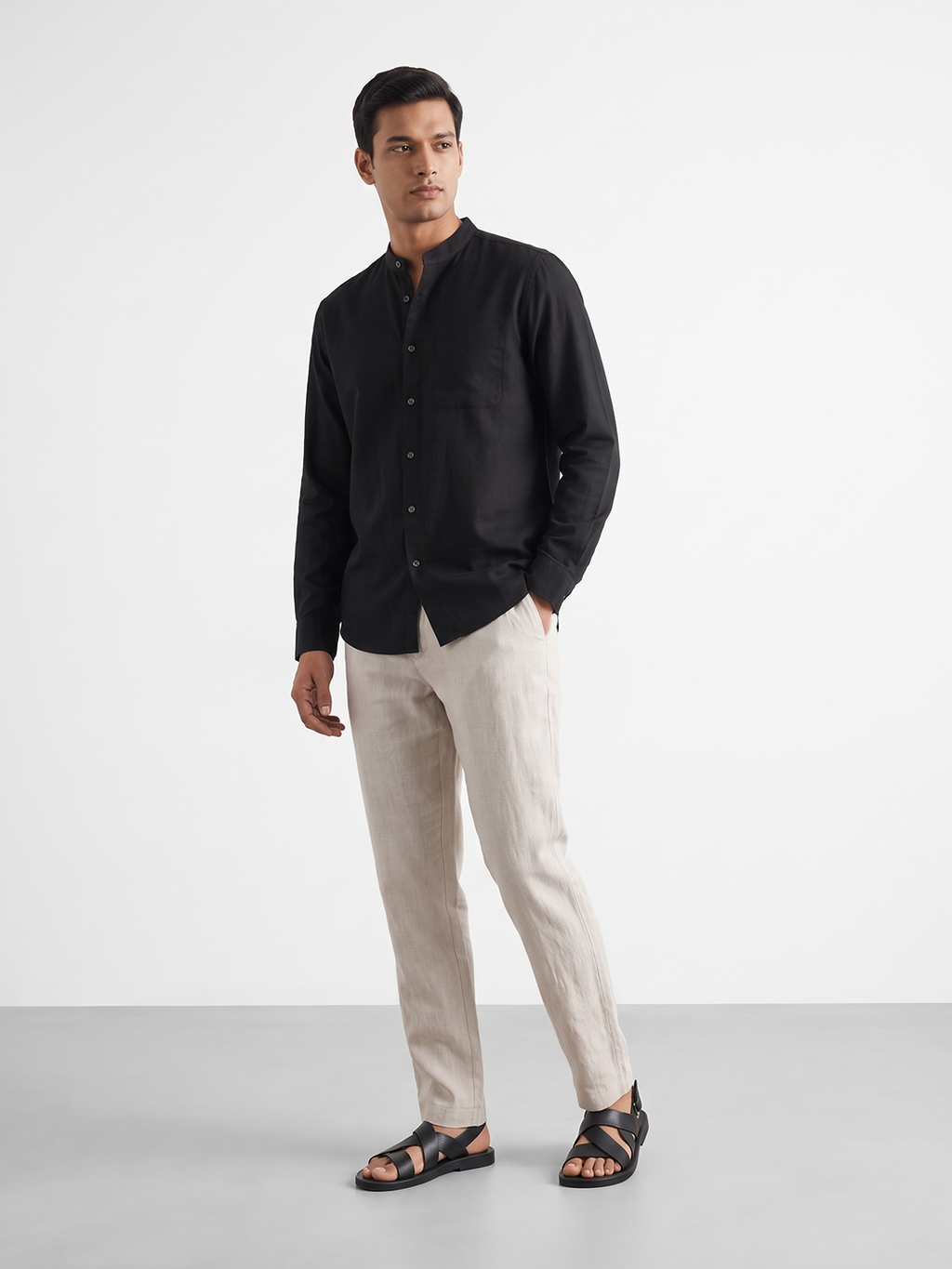 Men's Cotton Linen Regular Fit Shirt Black