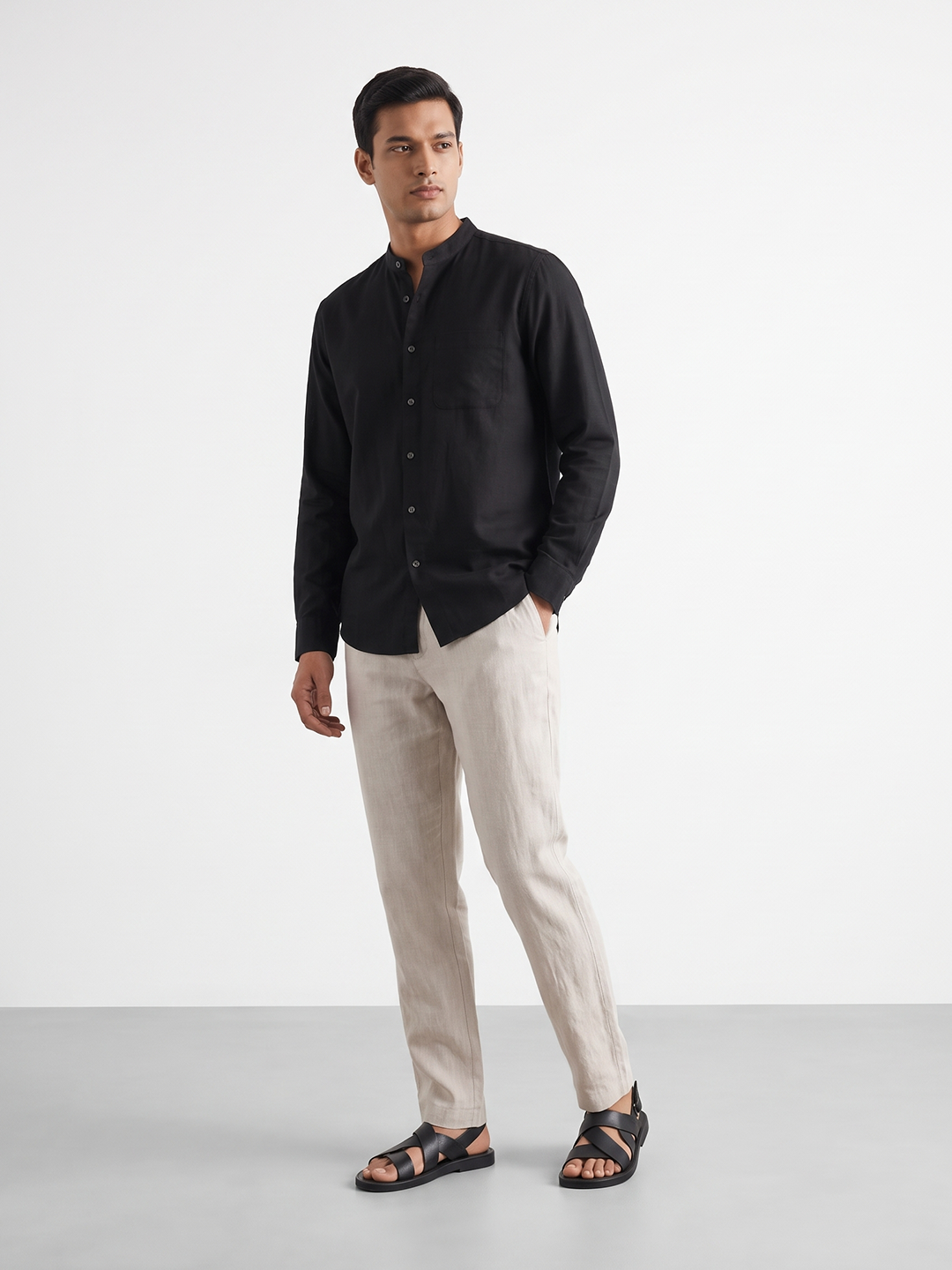 Men's Cotton Linen Regular Fit Shirt Black